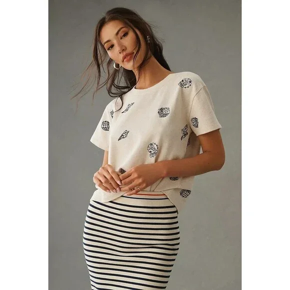 Anthropologie Maeve Embroidered Shell Short-Sleeve Sweatshirt Top L New 281991